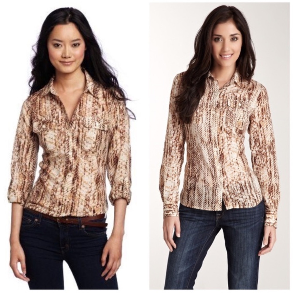 Lucky Brand "Snake Eyes Jane" shirt with brown and white abstract print. Size M
